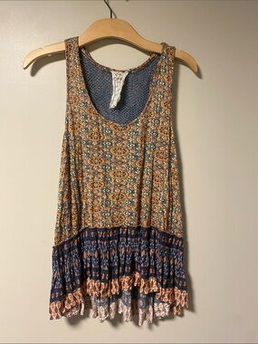 Free People One Boho Printed Blue and Tan Sleeveless Tank Top